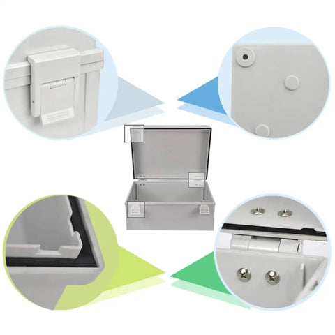Tough As Nails ABS Plastic Junction Box Weatherproof IP65 Dustproof Waterproof Enclosure 8.6 By 6.7 By 4.3 Inches Industrial Electrical Box For Outdoor Projects Corrosion Resistant Drillable Mounting, open lid and sealing details