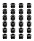 24 black rubber vibe dampers for FPV flight controllers F4 F7, arranged in rows, focus on smooth gyro readings and stabilization