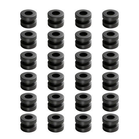 24 black rubber vibe dampers for FPV flight controllers F4 F7, arranged in rows, focus on smooth gyro readings and stabilization