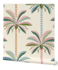 Premium Midcentury Modern Wallpaper With Dang Solid Durability And A Killer Matte Linen Texture PVC Free Paste To Paper Commercial Wallcovering For Kitchens Baths Hallways with colorful palm leaves design.