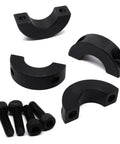Two Piece Clamp On Shaft Collars For Industrial Machinery, Black Double Split, Three Quarters Inch Bore, One And Nine Sixteenth Inch Outer Diameter, Seven Sixteenths Inch Thick, Heavy Duty Shop Floor Collar Set Built To Last shown disassembled