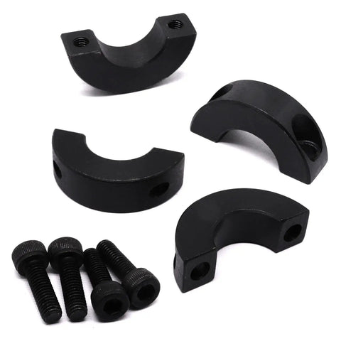 Two Piece Clamp On Shaft Collars For Industrial Machinery, Black Double Split, Three Quarters Inch Bore, One And Nine Sixteenth Inch Outer Diameter, Seven Sixteenths Inch Thick, Heavy Duty Shop Floor Collar Set Built To Last shown disassembled