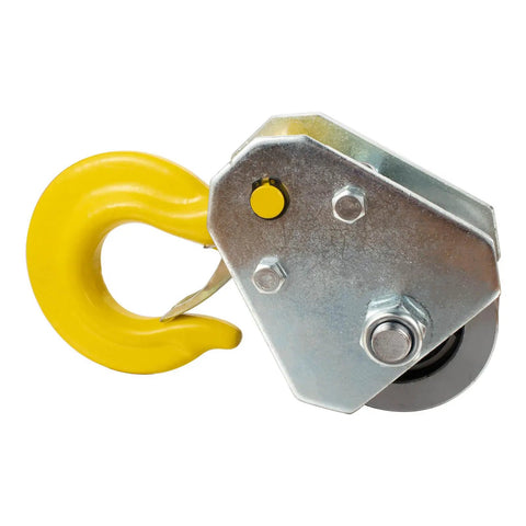 1 Ton Heavy Duty Pulley Hook Block Hoist With Hook For Five Eighth Inch Wire Rope Snatch Block Beefy Dual Bearing Roller System 66mm Wheel Diameter Handles Up To 16mm Rope Supports 2204 Lb Lifting, yellow steel hook block