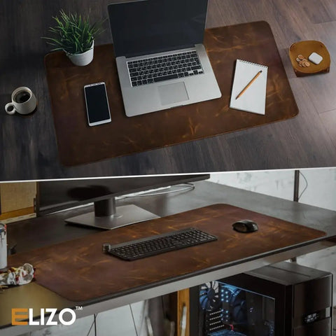 Real Leather Desk Mat Set 32 By 16 Inches Premium Full Grain Leather Desk Pad Thick 2mm Large Desk Cover Blotter Protector For Computer Gaming Mouse Pad Table Laptop Office Game Ready Boss Desk Upgrade shown with laptop, phone, and stationery in a workplace setting.
