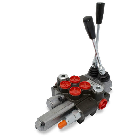 Front view of a two-spool monoblock hydraulic directional control valve with red port caps and two black levers.