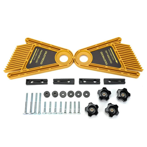 Heavy Duty Double Feather Board For Router Table Saws featuring two yellow clamps and accessories for smooth routing.