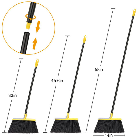 Four Pack Outdoor Broom With 58 Inch Adjustable Handle And 14.2 Inch Wide Heavy Duty Bristles For Fine Particle Pickup shown with handle sizes 33in, 45.6in, 58in