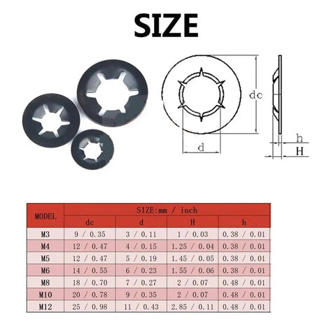 All In One Lock Washers Set 780 520 Pcs M3 M4 M5 M6 M8 M10 M12 Push On Internal Teeth Grip Hardened Steel Size Chart and Diagram