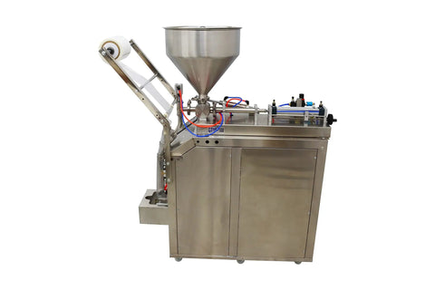 Heavy Duty Automatic Liquid And Paste Filler With Digital Controls For Hassle Free Small Batch Commercial Packaging Of Oils Vinegars Creams And Drinks 110V side view with stainless steel finish.
