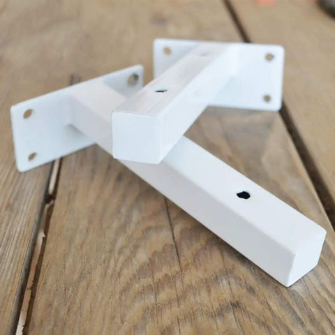 Legit White Shelf Brackets And T Shape Wall Mounts Solid Iron Floating Shelf Hardware Straight Up Easy Install on wooden surface.