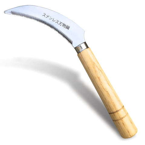 Grass Sickle With Sawtooth Japanese Weeding Hoe Hand Tool For Grab-And-Go Garden Weeding And Soil Loosening High Strength Steel With Solid Wood Handle Ergonomic Grip Brown Finish in profile view.