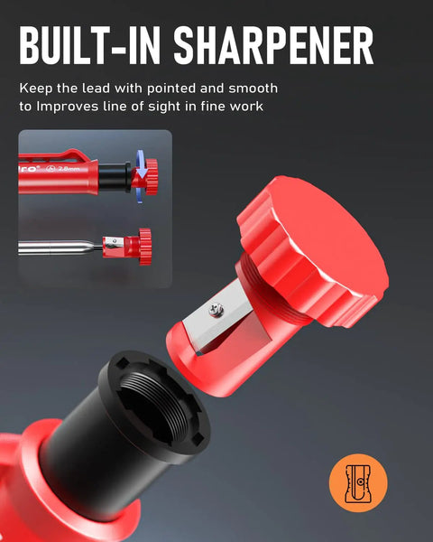 Top Shelf Mechanical Carpenter Pencils With 16 Hefty Tips And Deep Hole Markers Plus 42 Bright Lead Refills And Trusty Scribe Tool For No Sweat Marking And Fast Layouts built-in sharpener detail showing red sharpener mechanism