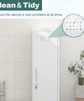 Slim Broom Storage Cabinet With Shelves And Hanging Rod Locking Door Metal Cabinet For Tight Spaces installed in bathroom