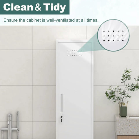 Slim Broom Storage Cabinet With Shelves And Hanging Rod Locking Door Metal Cabinet For Tight Spaces installed in bathroom