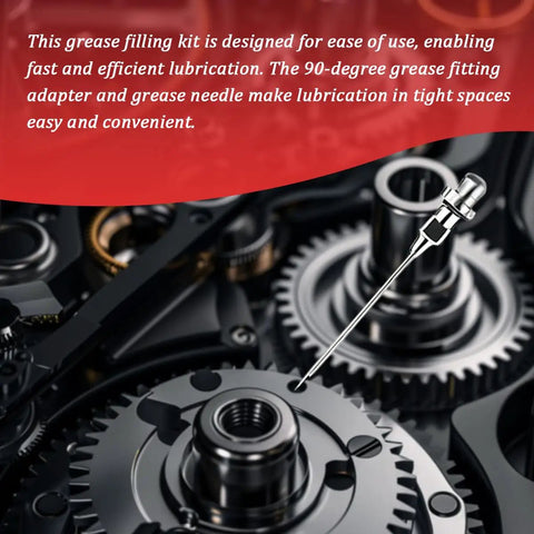 Gear Up 10 Piece Car Grease Needle Nozzle Kit For Grease Gun With 90 Degree Coupler Adapter shown lubricating engine gears