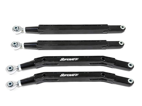 Arched Boxed Radius Rods for Polaris RZR Pro XP and Pro XP 4 Off Road Upgrade With High Ground Clearance Beefy Rugged Steel Build Powder Coated Black Finish Easy Install And Durable Performance, four black steel rods with heims