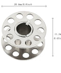 Close-up of a stainless steel bobbin with holes, dimensions shown, part of the 22 Piece Pro Grade Stainless Steel Sewing Machine Bobbin Set For Embroidery And Crafting Rust Resistant Durable Bobbins Heavy Duty Spool Collection Ideal For Handicrafts And Long Lasting Performance.
