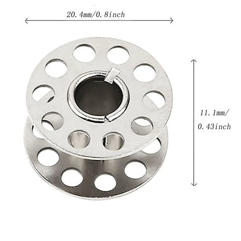 Close-up of a stainless steel bobbin with holes, dimensions shown, part of the 22 Piece Pro Grade Stainless Steel Sewing Machine Bobbin Set For Embroidery And Crafting Rust Resistant Durable Bobbins Heavy Duty Spool Collection Ideal For Handicrafts And Long Lasting Performance.