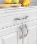 10 Pack 3.75 Inch Brushed Satin Nickel Cabinet Pulls Arch Twisted Design Zinc Alloy Kitchen Handles Installed on White Cabinet