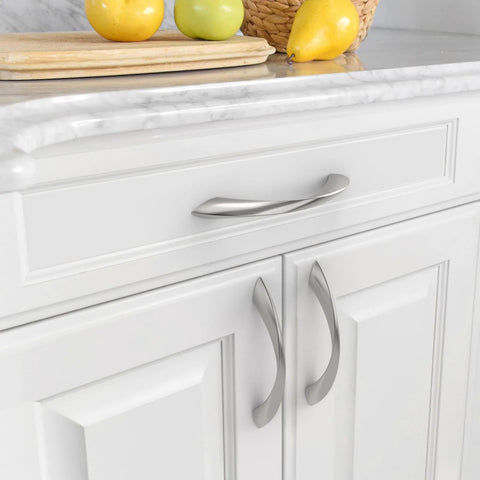 10 Pack 3.75 Inch Brushed Satin Nickel Cabinet Pulls Arch Twisted Design Zinc Alloy Kitchen Handles Installed on White Cabinet