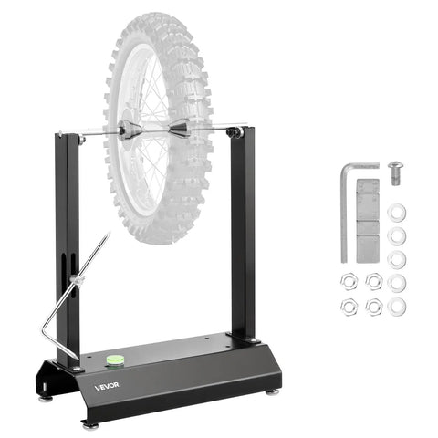 Motorcycle Wheel Balancer And Truing Stand With Adjustable Centering Cones And Truing Pointer For Sport And Dirt Bikes Fits Hollow Axle Wheels Reduces High Speed Vibration For A Smoother Ride with visible accessories