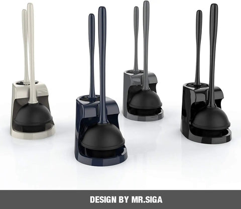 Two Pack Toilet Plunger And Bowl Brush Kit With Dual Compartment Holder, Space Saving Gray Bathroom Cleaning Set shown in different colors