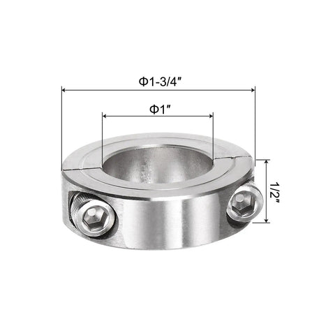 Two Piece Split Shaft Collar Clamp On For One Inch Shaft That Is Built To Lock Tight With One Point Three Quarter Inch Outer Diameter And Half Inch Width 304 Stainless Steel Set Screw Style For Positioning Spacers Stops And Bearing