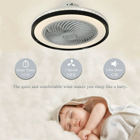 19.6 Inch Bladeless Ceiling Fan With Lights And Remote Control Modern Low Profile Enclosed Flush Mount Fan For Bedroom Cool Black Finish