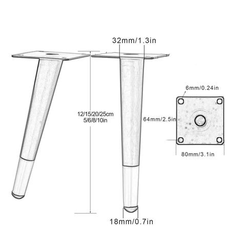 Rock Solid Gold Metal Furniture Legs Set of Four With Slanted Oblique Style 9.8 Inch Height Replacement Feet dimensions showing size and design details.