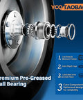 Diagram of premium pre-greased ball bearing showing components for low noise and durability, mounted on a wheel hub.