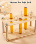 11 Hole Wood Test Tube Rack For 21.5mm Diameter Tubes with Burlywood finish, holding glass tubes filled with liquid.