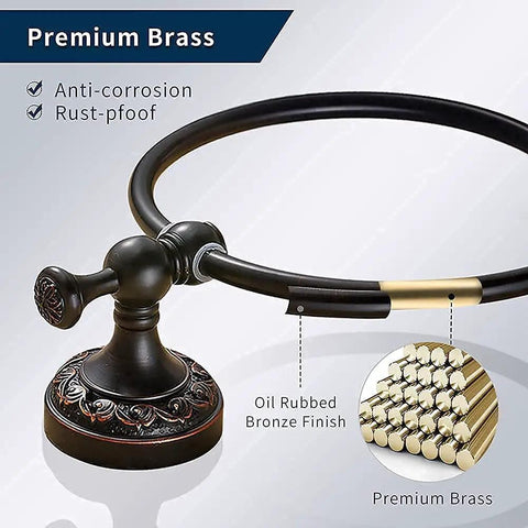 Oil Rubbed Bronze Round Towel Ring Wall Mounted With Flower Base Brass Towel Holder For Bathroom Accessories Screw In Mount Rust Resistant Classic Retro Style showcasing design and material