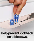 Supercharge Your Woodshop With This Heavy Duty 3D Pushblock And Full Kerf Splitter Kit showing blue safety locks on table saw.