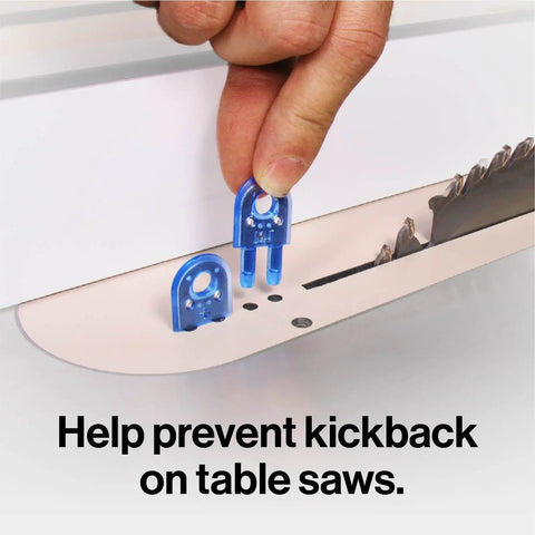 Supercharge Your Woodshop With This Heavy Duty 3D Pushblock And Full Kerf Splitter Kit showing blue safety locks on table saw.