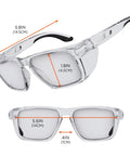 Sixteen Safety Glasses With Integrated Side Shields And Slick Anti Fog Lens That Handles Every Blue Collar Grind Features Ansi Certified Impact Protection And Includes A Microfiber Wipe For Keeping Your Eyewear Spotless After Long Shift Days, dimensions shown.