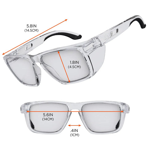 Sixteen Safety Glasses With Integrated Side Shields And Slick Anti Fog Lens That Handles Every Blue Collar Grind Features Ansi Certified Impact Protection And Includes A Microfiber Wipe For Keeping Your Eyewear Spotless After Long Shift Days, dimensions shown.