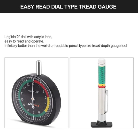 Tire Tread Depth Gauge Dial Type For Motorcycle, Car, Truck And Bus, Easy Reading Tire Gauge In 32nds With Traffic Light Color Zones And 32nd Inch Increments For Quick Pro Grade, Accurate Readings, 2-inch dial with acrylic lens