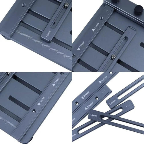 Close-up of CNC Solder Paste Stencil Printer Kit With Dual-Sided PCB Fixture And Laser-Etched Scales, tool-free clamping details