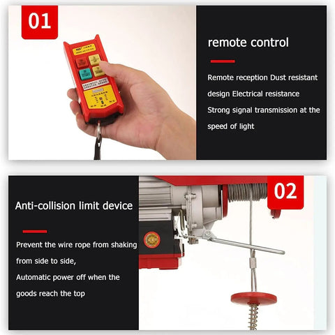 Heavy Duty Electric Lifting Hoist With Wireless Remote Control Supports Up To 400 Kilos and remote control with anti-collision device.