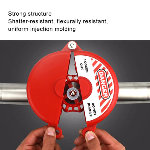 Heavy Duty Valve Lockout Safety Padlock For Home Gas And Water Meters With Adjustable Handwheel Fit closed around a pipe.