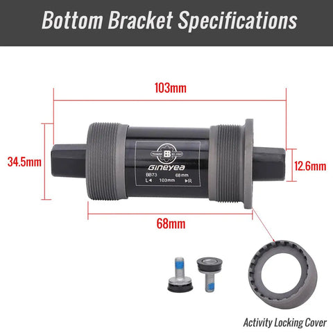 Durable Square Taper Bicycle Bottom Bracket 68mm Shell Fits 103mm With BB UN26 And Steel Bearings Image with Measurements