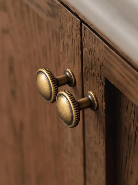 Top Shelf Antique Brass Cabinet Knobs Six Pack Round Single Hole Kitchen Furniture Hardware Easy DIY Install Vintage Inspired Aged Brass Finish Heavy Duty on wooden cabinet doors
