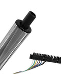 Close-up of AngyMeck 32in stainless tilt steering column with polished finish and 9-hole wheel adapter; wiring harness