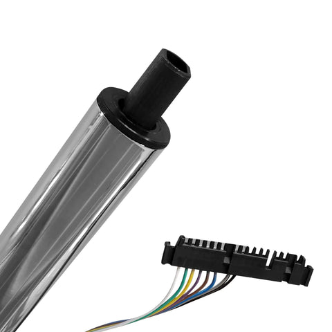 Close-up of AngyMeck 32in stainless tilt steering column with polished finish and 9-hole wheel adapter; wiring harness