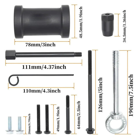 Built Tough 17 Piece Camshaft Alignment And Timing Tool Kit For BMW N20 And N26 Engines detailed component set with dimensions.