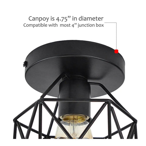 Close-up of Retro Black Industrial Ceiling Light Fixture with 4.75 inch canopy for easy mounting on most 4 inch junction boxes