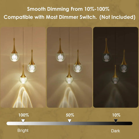 Dimming effect of 3 Light Gold Pendant Light Fixture With Dimmable LED Teardrop Crystal Cluster for kitchen and dining areas