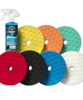Quantum Best Of The Best Buffing And Polishing Pad Kit For Auto Detailing Eight Pad Set With 6 Point 5 Inch Pads That Fit A 6 Inch Backing Plate Includes Pad Cleaner And 16 Oz Solution For Pro Grade Shine shown with colorful foam pads and cleaner spray