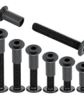 Zero Sweat Assembly M8x25mm Black Barrel Nuts And Heavy Duty Furniture Bolts 100 Pack showing various sizes of black bolts and barrel nuts.