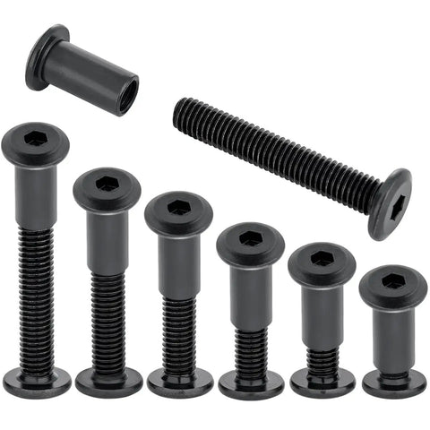 Zero Sweat Assembly M8x25mm Black Barrel Nuts And Heavy Duty Furniture Bolts 100 Pack showing various sizes of black bolts and barrel nuts.
